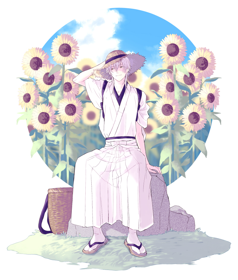 1boy, basket, blue_sky, clouds, cloudy_sky, field, flower, flower_field, grass, hakama, hat, japanese_clothes, kojirase, looking_to_the_side, male_focus, rock, sandals, sitting, sky, smile, solo, sun_hat, sunflower, tabi, tasuki, touken_ranbu, tsurumaru_kuninaga, white_hair, white_hakama, yellow_eyes