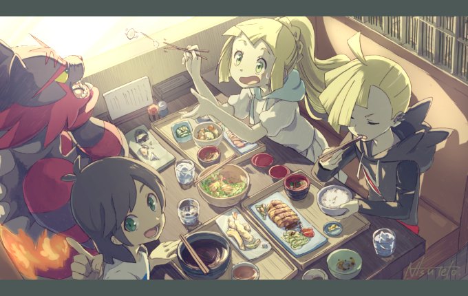 1girl, 2boys, blonde_hair, bowl, brother_and_sister, chopsticks, closed_eyes, eating