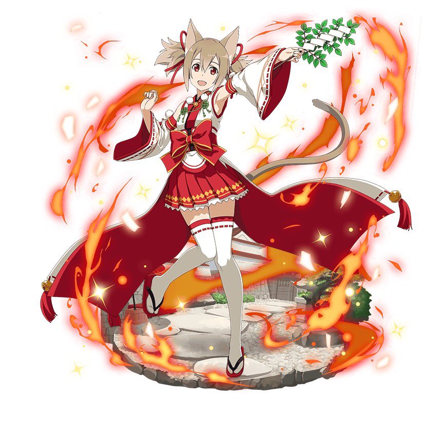 1girl, :d, animal_ears, armpits, bangs, blunt_bangs, brown_hair, cat_ears, cat_tail, detached_sleeves, fire, hair_between_eyes, hakama, hakama_skirt, japanese_clothes, long_hair, looking_at_viewer, nontraditional_miko, one_leg_raised, open_mouth, outstretched_arm, red_eyes, red_hakama, ribbon-trimmed_sleeves, ribbon-trimmed_thighhighs, ribbon_trim, silica_(sao-alo), simple_background, smile, solo, sword_art_online, tail, thigh-highs, twintails, white_background, white_legwear, zettai_ryouiki