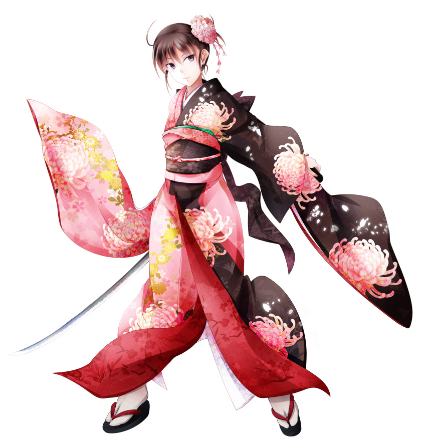1girl, absurdres, brown_eyes, brown_hair, flower, fudo_shin, full_body, hair_flower