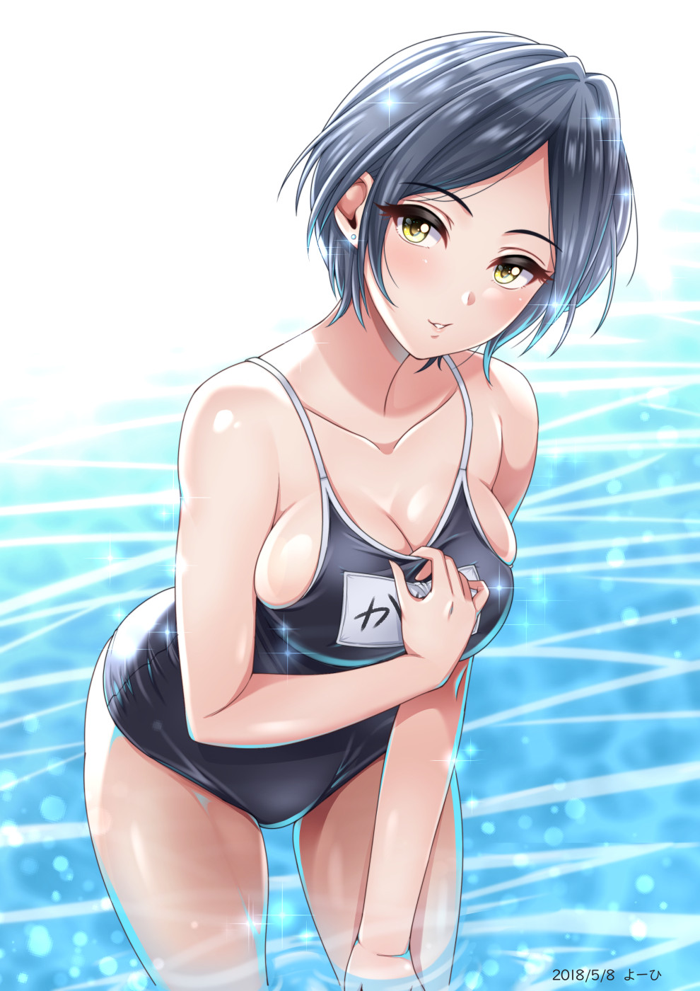 1girl, 2018, black_school_swimsuit, breasts, cleavage, collarbone, cowboy_shot, dated