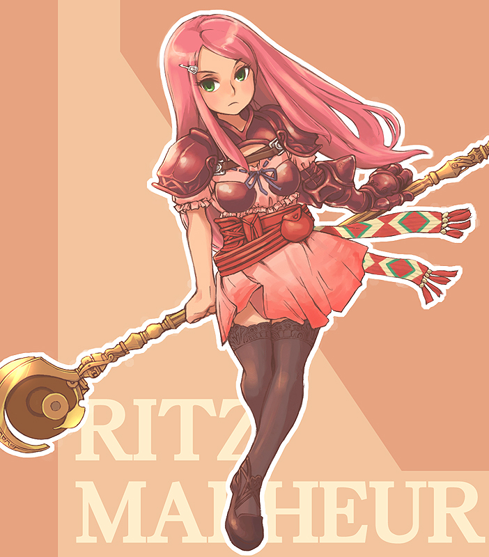 belt, final_fantasy, final_fantasy_tactics_advance, gauntlets, green_eyes, hair_ornament, hairclip, long_hair
