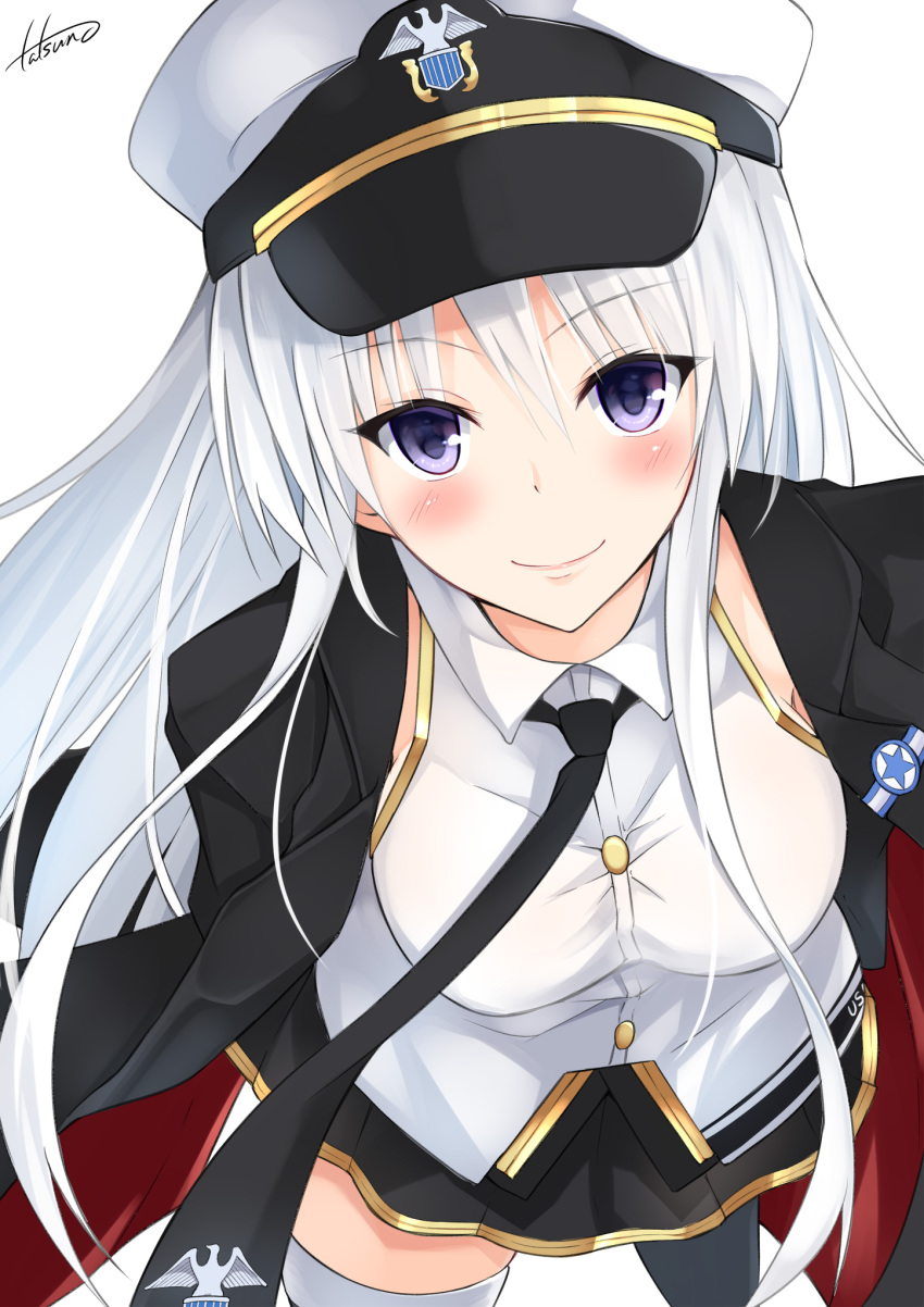 1girl, azur_lane, black_coat, black_neckwear, black_skirt, blush, commentary_request, enterprise_(azur_lane)