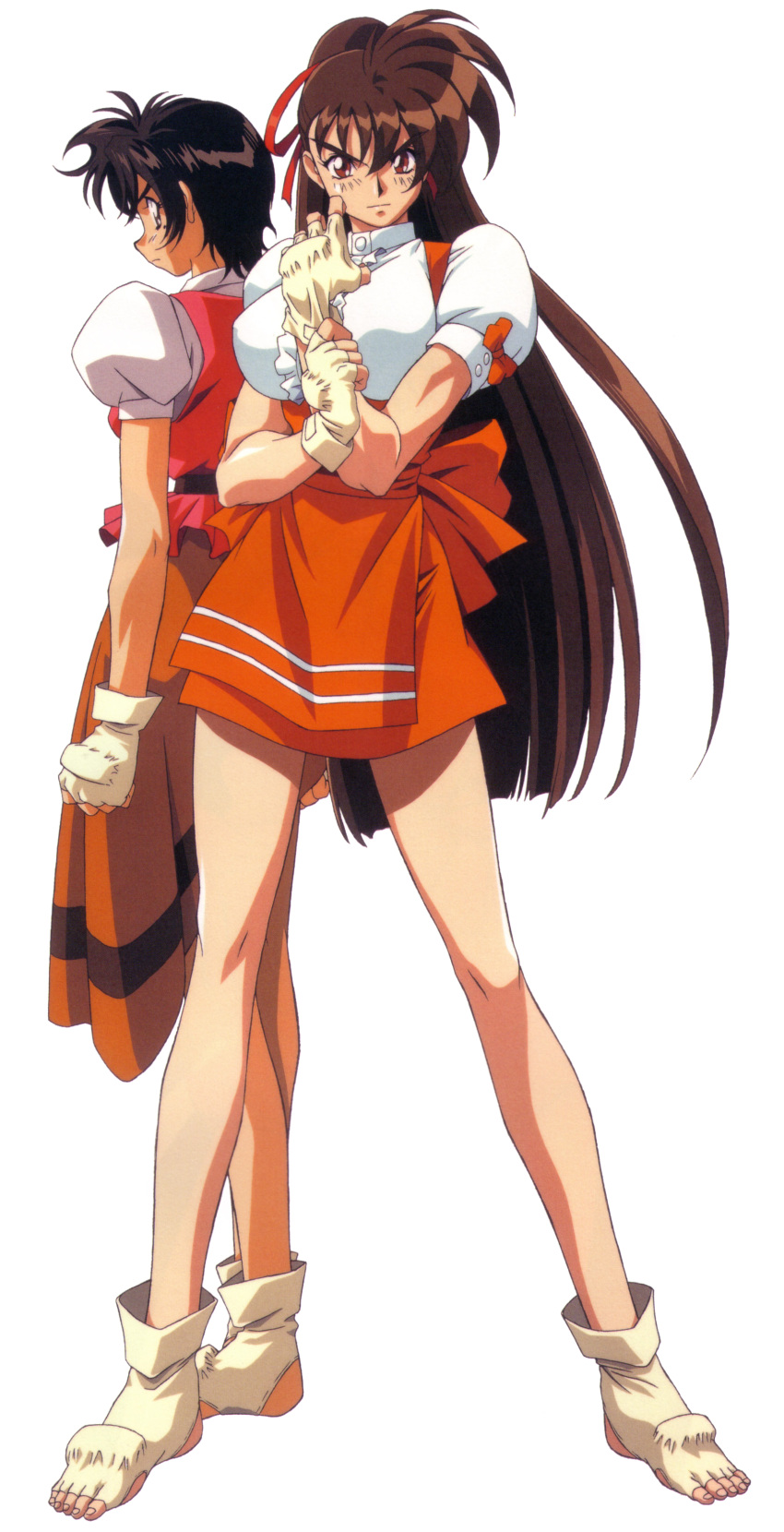 2girls, absurdres, adjusting_clothes, adjusting_gloves, anna_miller, black_hair, brown_hair, clenched_hand