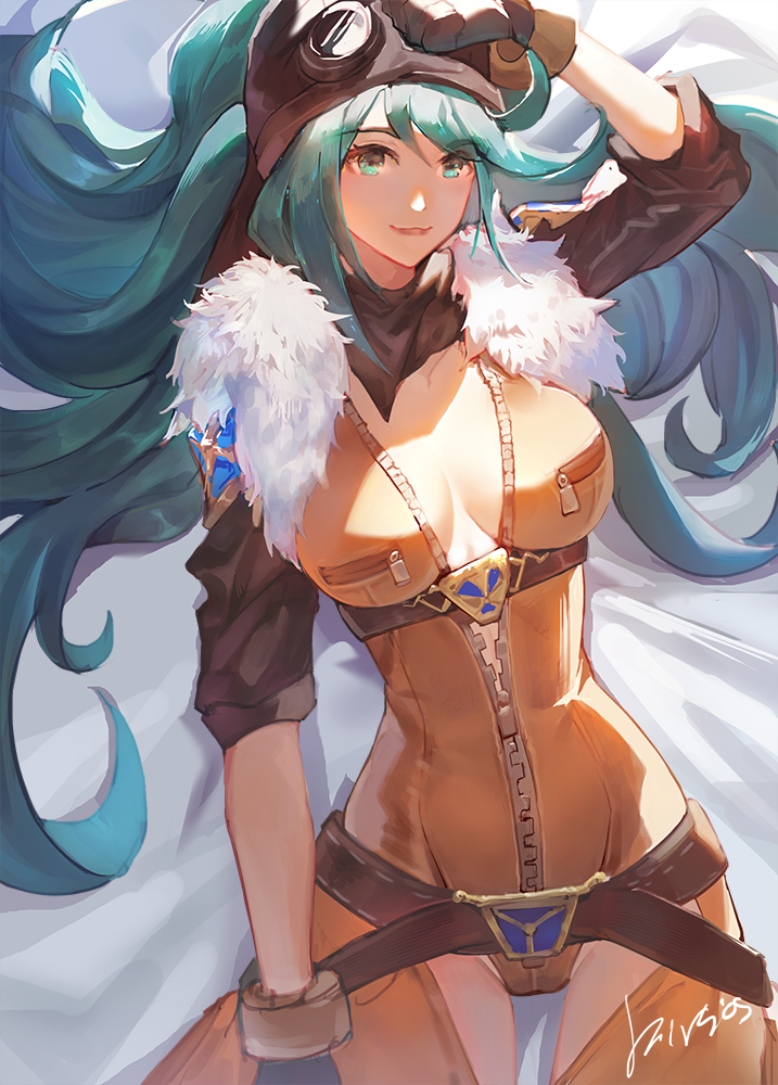 1girl, arm_up, aviator_irelia, belt, blue_eyes, blue_hair, breasts, cowboy_shot