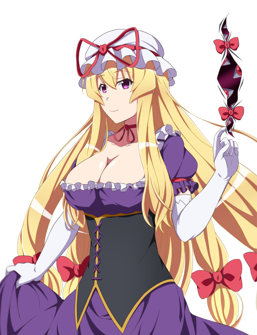 1girl, absurdres, blonde_hair, bow, breasts, cleavage, commentary_request, corset