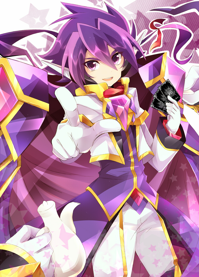 1boy, card, gloves, holding, holding_card, holding_teapot, jacket, long_sleeves, looking_at_viewer, open_mouth, pants, pointing, pointing_at_viewer, pov, pov_hands, purple, purple_coat, purple_hair, purple_jacket, purple_shirt, rento_(rukeai), saikyou_ginga_ultimate_zero_~battle_spirits~, shirt, smile, solo, spiky_hair, star, starry_background, teapot, violet_eyes, white_gloves, white_pants, zero_the_flash