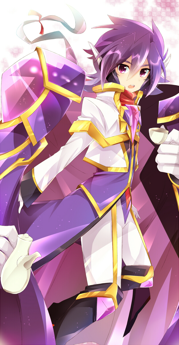 1boy, :o, jacket, looking_at_viewer, open_mouth, pants, purple_hair, purple_shirt