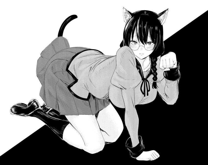 1girl, all_fours, animal_ears, bakemonogatari, blush, braid, breasts, cat_ears