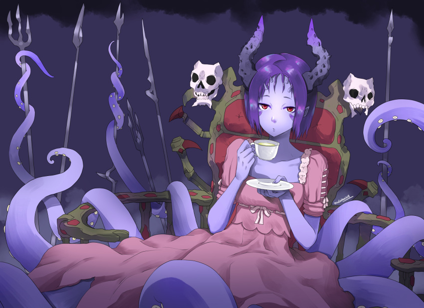 1girl, artist_name, bangs, cup, dress, eudetenis, facial_mark, highres