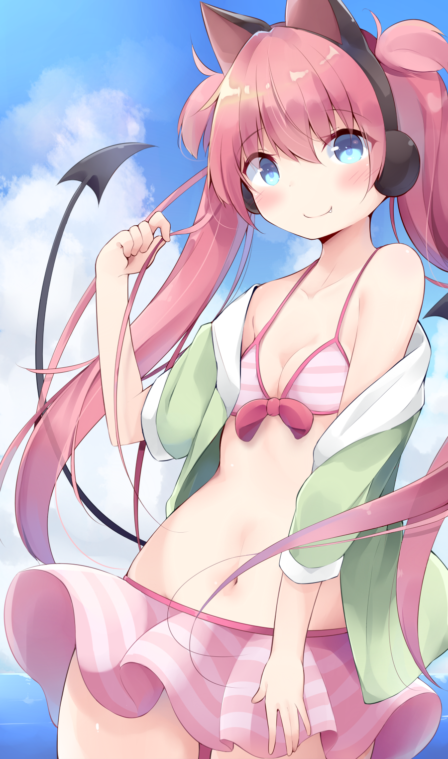 1girl, bangs, bare_shoulders, bemani, bikini, bikini_skirt, blue_sky, blush, breasts, cat_ear_headphones, cleavage, closed_mouth, clouds, collarbone, commentary_request, day, demon_tail, eyebrows_visible_through_hair, fang, fang_out, green_jacket, hair_between_eyes, head_tilt, headphones, highres, jacket, kyuukon_(qkonsan), long_hair, looking_at_viewer, nagisa_(bemani), navel, ocean, off_shoulder, open_clothes, open_jacket, outdoors, pink_hair, sidelocks, sky, small_breasts, smile, solo, striped, striped_bikini, swimsuit, tail, twintails, two_side_up, very_long_hair, water
