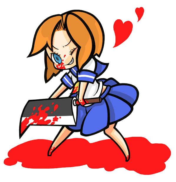 blood, blue_eyes, chibi, grin, higurashi_no_naku_koro_ni, orange_hair, ryuuguu_rena, school_uniform