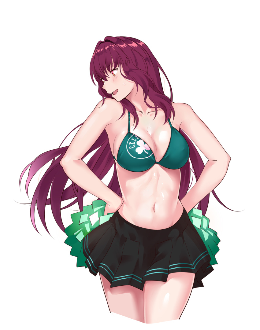 1girl, bangs, bare_shoulders, black_skirt, blush, breasts, cleavage, clover_print