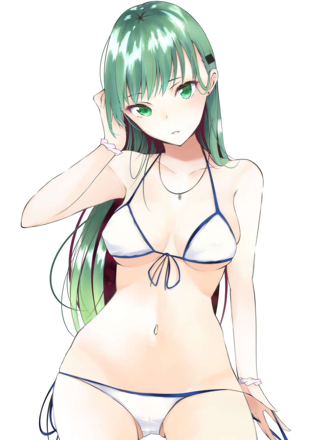 1girl, aqua_eyes, aqua_hair, bangs, bikini, breasts, collarbone, cowboy_shot, earrings, hair_ornament, hairclip, highres, jewelry, kantai_collection, long_hair, looking_at_viewer, medium_breasts, navel, necklace, parted_lips, side-tie_bikini, simple_background, sketch, solo, suzuya_(kantai_collection), swimsuit, white_background, white_bikini, youkan_(mattya_youkan)