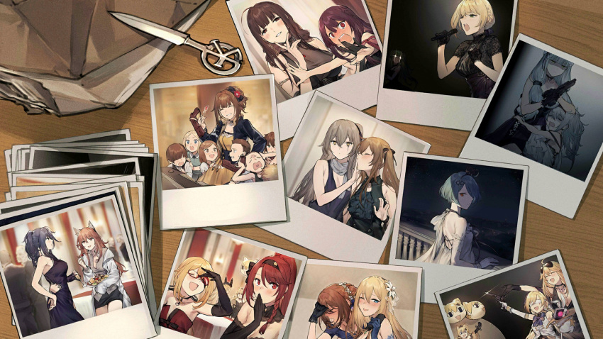 6+girls, alternate_costume, alternate_hairstyle, animal_ears, arm_around_shoulder, arm_ribbon, bangs, black_dress