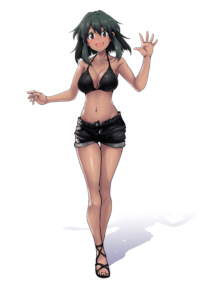 1girl, :d, bikini, bikini_top, bikini_under_clothes, black_bikini, black_bikini_top, black_hair