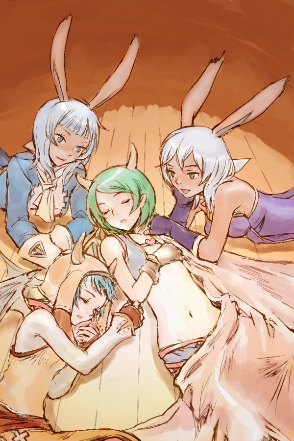 aluette, animal_ears, bad_id, bare_shoulders, blanket, blue_eyes, blue_hair, bunny_ears