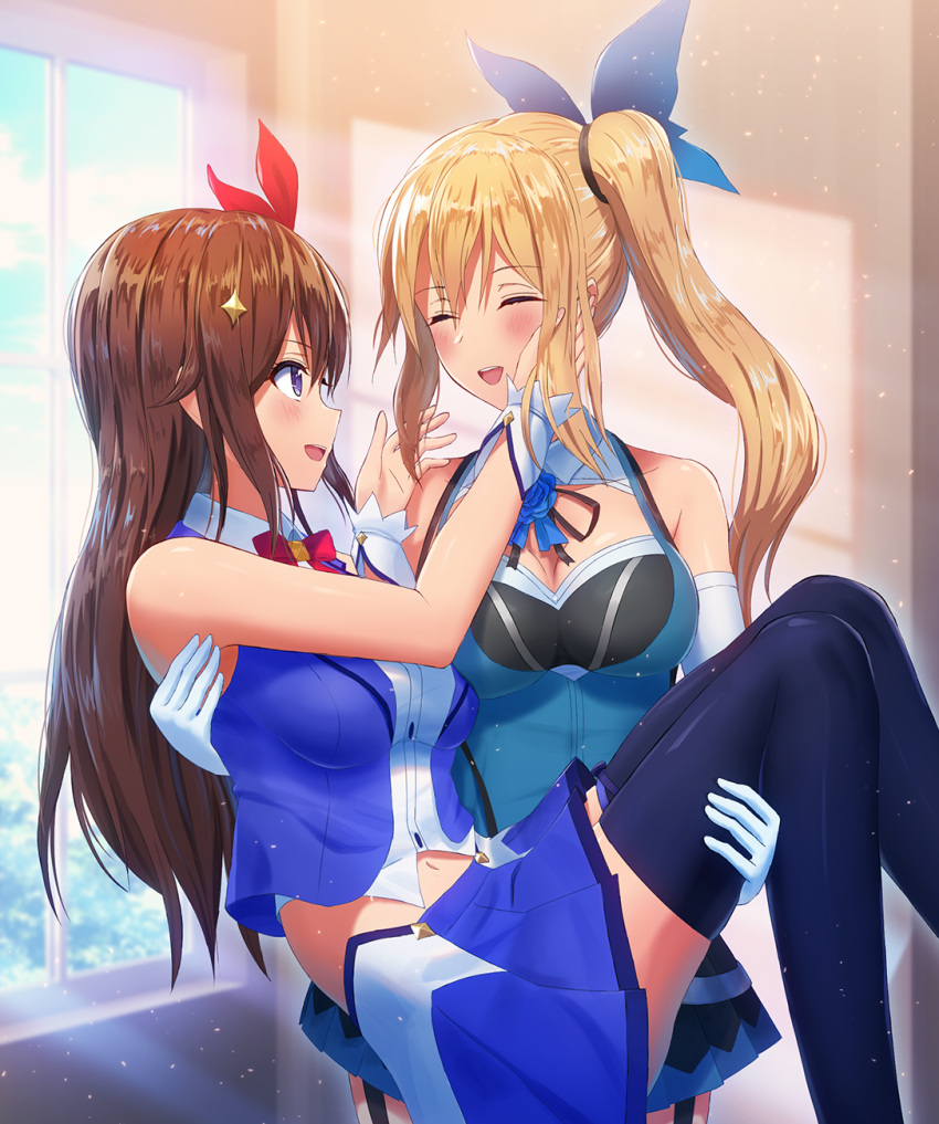 2girls, :d, bangs, bare_shoulders, black_ribbon, black_skirt, blonde_hair, blue_flower