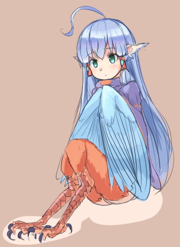 1girl, ahoge, bangs, blue_hair, claws, commentary_request, green_eyes, hair_tubes