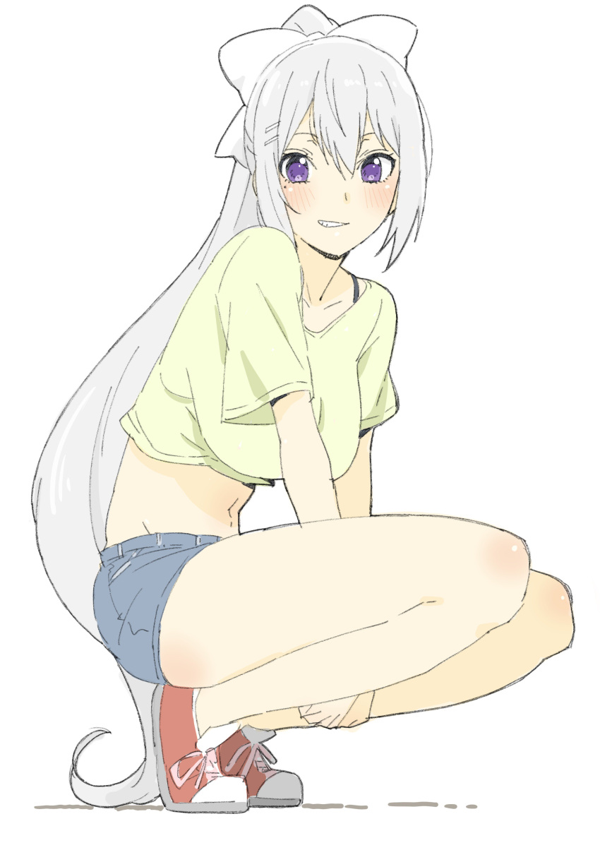 1girl, absurdres, between_legs, blue_shorts, blush, bow, bra_strap, breasts