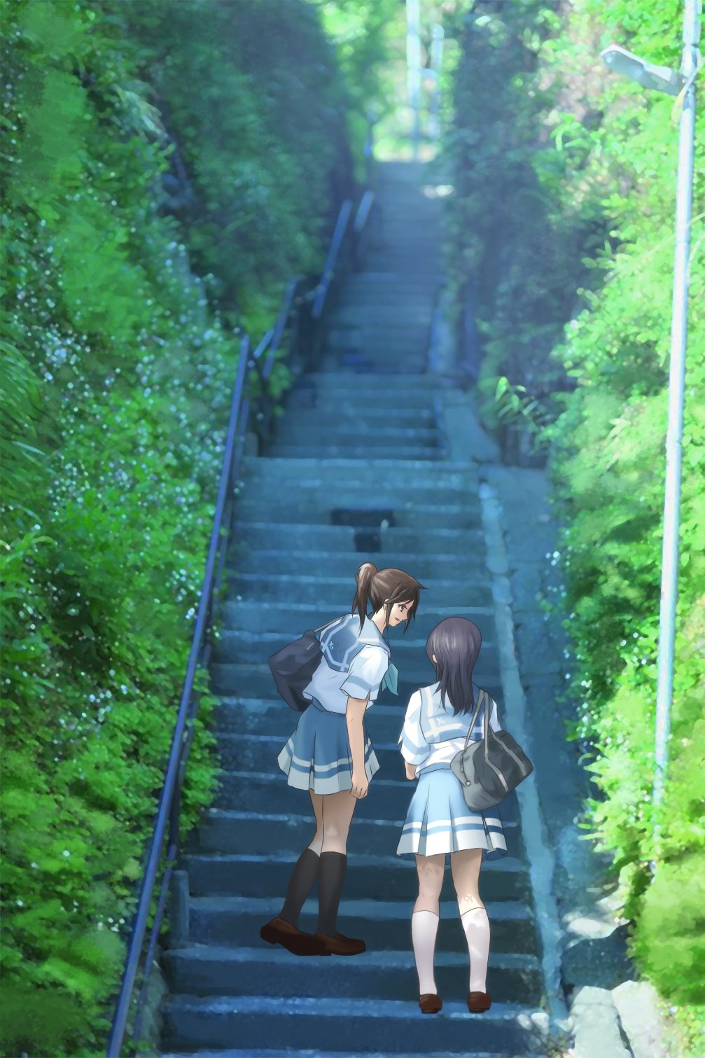 2girls, bag, black_hair, black_legwear, brown_hair, hibike!_euphonium, highres, kasaki_nozomi
