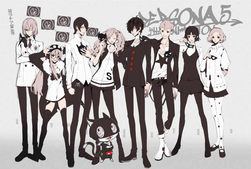4boys, 4girls, akechi_gorou, amamiya_ren, animal_ears, cat_ears, cat_tail, copyright_name