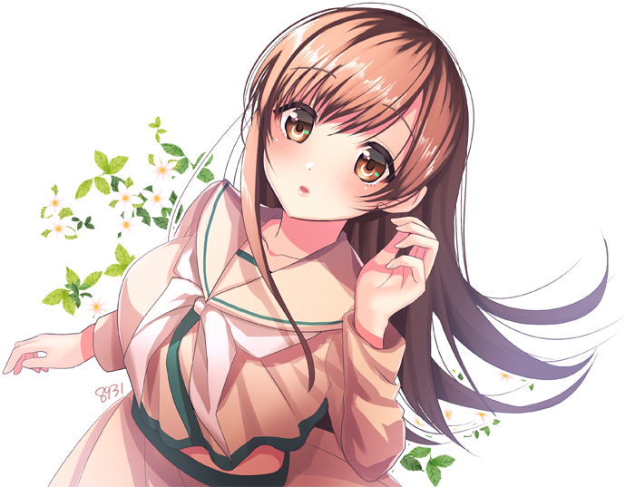 1girl, bangs, blush, brown_eyes, brown_hair, collarbone, commentary, crop_top, crop_top_overhang, dutch_angle, eyebrows_visible_through_hair, floral_background, flower, from_above, hakusai_ponzu, hand_up, kantai_collection, leaf, long_hair, long_sleeves, looking_at_viewer, looking_up, neckerchief, ooi_(kantai_collection), parted_lips, pink_lips, remodel_(kantai_collection), school_uniform, serafuku, solo, white_background, white_flower, white_neckwear, wind