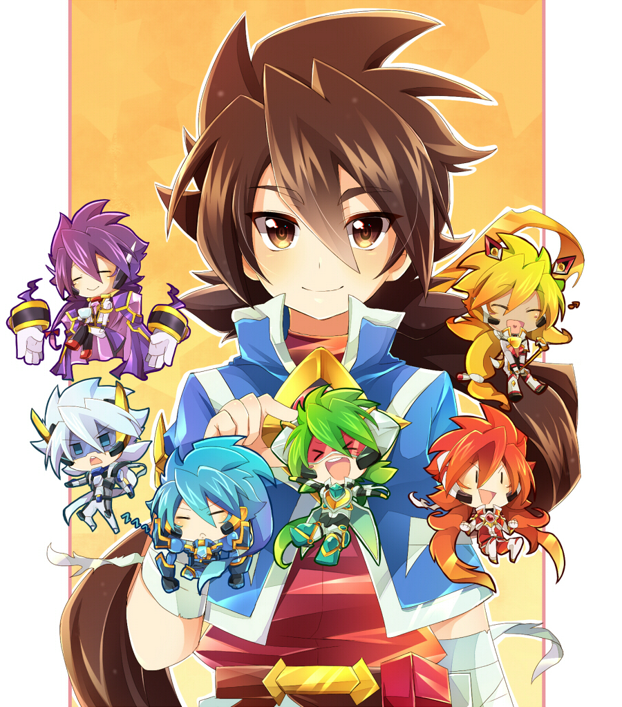 6+boys, bandage, bandaged_arm, blonde_hair, blue_coat, blue_jacket, brown_eyes, brown_hair