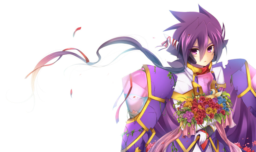 1boy, armor, broken_armor, flower, highres, holding, holding_flower, jacket