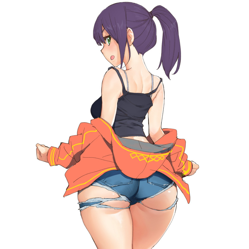 1girl, :o, arms_at_sides, ass, back, bangs, bare_shoulders, black_shirt, blue_shorts, breasts, commentary_request, cowboy_shot, cutoffs, denim, denim_shorts, eyebrows_visible_through_hair, eyelashes, from_behind, green_eyes, hair_ornament, hair_tie, highres, hood, hood_down, hooded_jacket, jacket, legs_together, long_hair, long_sleeves, looking_at_viewer, looking_back, medium_breasts, off_shoulder, onsen_tamago_(hs_egg), open_clothes, open_jacket, open_mouth, original, pocket, ponytail, purple_hair, shiny, shiny_skin, shirt, short_shorts, shorts, shoulder_blades, sidelocks, sideways_mouth, simple_background, sleeveless, sleeveless_shirt, solo, spaghetti_strap, standing, tank_top, white_background