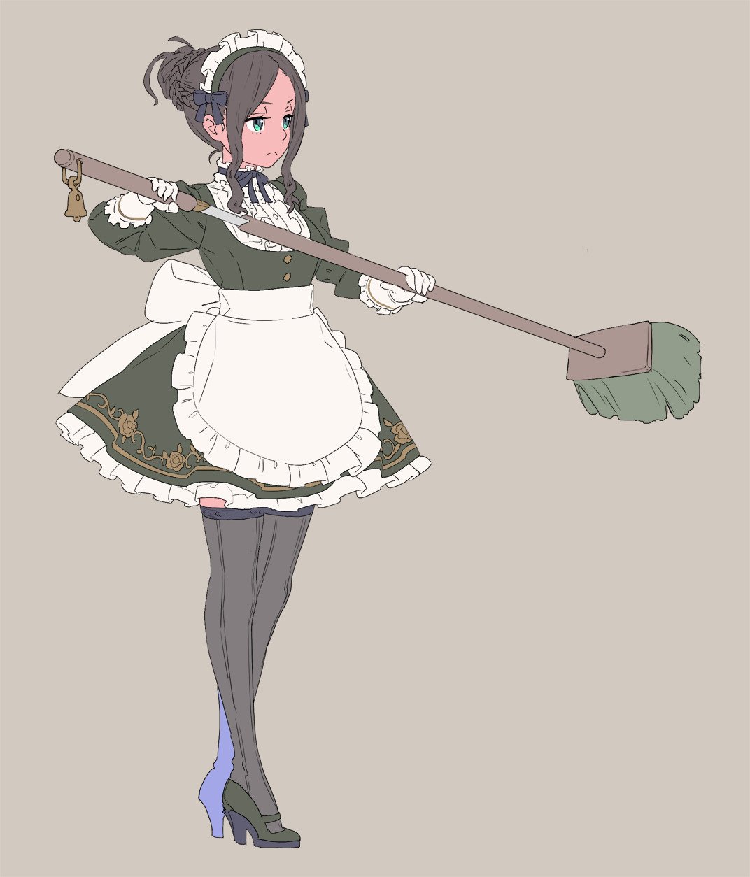 1girl, apron, black_footwear, broom, brown_hair, closed_mouth, commentary_request, dress