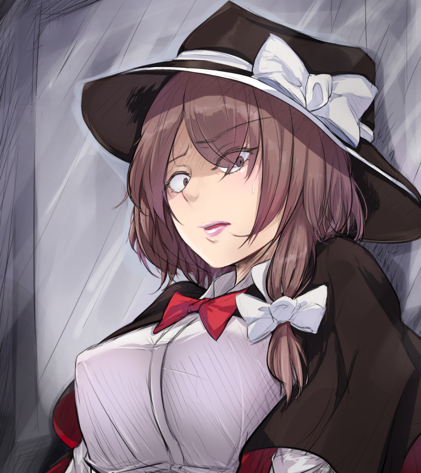 1girl, black_hat, bow, bowtie, breasts, brown_hair, capelet, constricted_pupils, hat, hat_bow, highres, large_breasts, lips, lipstick, looking_at_viewer, makeup, open_mouth, pink_lips, red_neckwear, tearing_up, touhou, usami_renko, usutominsutaa, witch_hat
