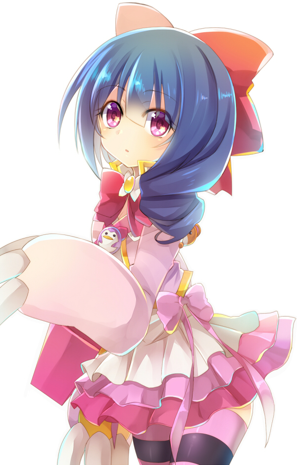 +_+, 1girl, :o, bird, blue_hair, bow, dress, drill_hair, frilled_dress, frills, hair_bow, horizontal-striped_legwear, long_sleeves, looking_at_viewer, magical_girl, magical_star_saki, penguin, pink_bow, pink_dress, pink_legwear, purple_legwear, red_bow, rento_(rukeai), saikyou_ginga_ultimate_zero_~battle_spirits~, solo, striped, striped_legwear, stuffed_animal, stuffed_toy, teddy_bear, thigh-highs, violet_eyes