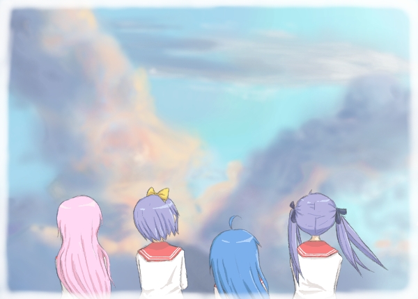 back, blue_hair, bunsai, hiiragi_kagami, hiiragi_tsukasa, izumi_konata, long_hair, lucky_star