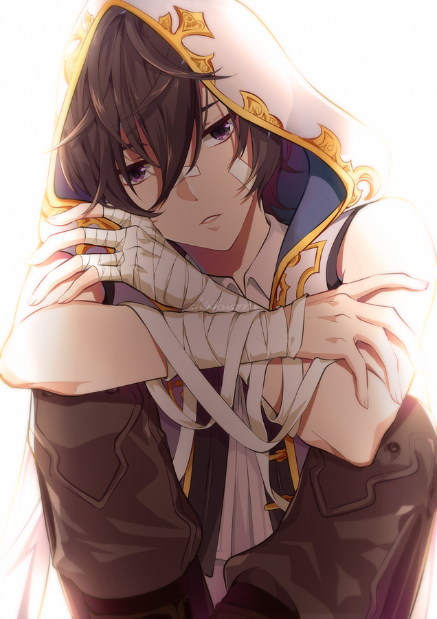1boy, ayer, bandage, bandage_on_face, bandaged_arm, bandaid, bandaid_on_face, bandaid_on_nose