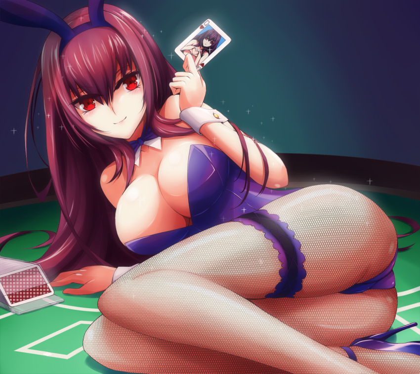 1girl, ahsiu, animal_ears, arm_support, blackjack_table, bow, bowtie, breasts