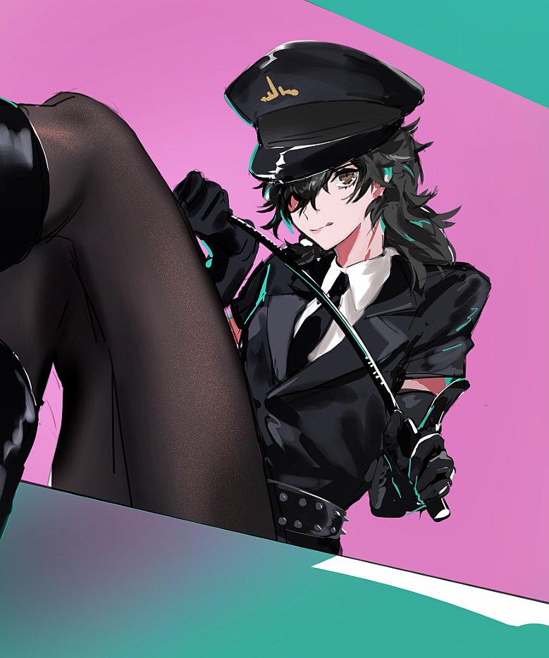 0zep0, 1boy, :q, amamiya_ren, atlus, black_hair, black_legwear, boots, crossdressinging, elbow_gloves, foreshortening, gloves, hat, legs, licking_lips, long_hair, male_focus, megami_tensei, necktie, otoko_no_ko, pantyhose, persona, persona_5, police, police_hat, police_uniform, riding_crop, skirt, solo, tongue, tongue_out, trap, uniform