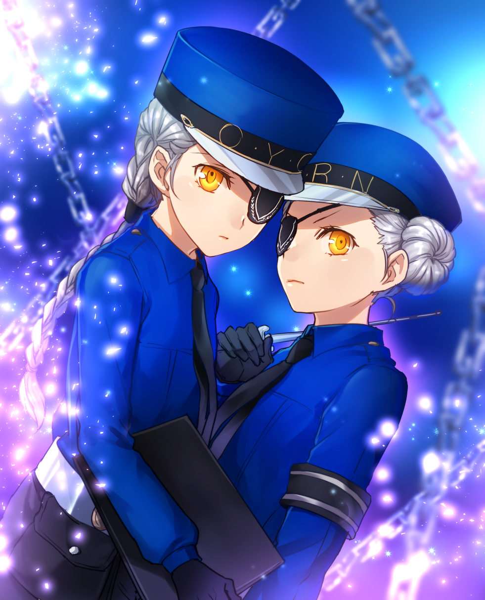 2girls, black_gloves, black_neckwear, blue_hat, blue_shirt, braid, caroline_(persona_5), eyepatch