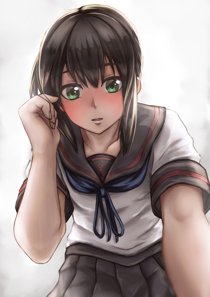 1girl, aira_(qwedcxza49), black_hair, black_sailor_collar, black_skirt, fubuki_(kantai_collection), green_eyes, highres