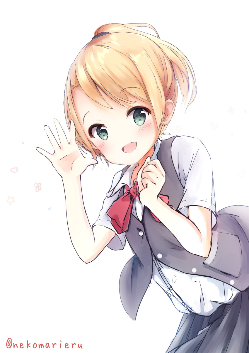 1girl, absurdres, asymmetrical_hair, bangs, black_skirt, blonde_hair, blouse, blue_eyes