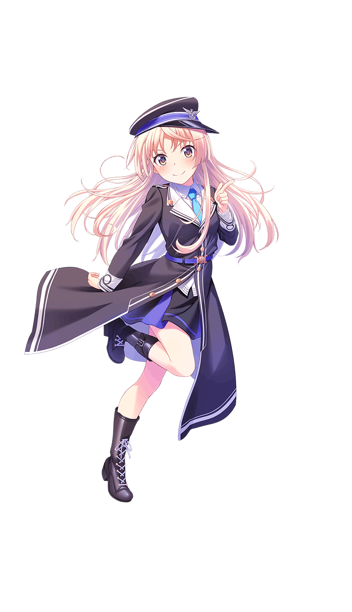 >:), 1girl, black_footwear, black_hat, black_skirt, blonde_hair, blue_neckwear, boots, cross-laced_footwear, ellie_holden, formation_girls, full_body, hat, highres, lace-up_boots, looking_at_viewer, military_hat, military_jacket, necktie, official_art, one_eye_closed, one_leg_raised, sheated, skirt, smile, solo, sword, tenkuu_nozora, transparent_background, violet_eyes, weapon