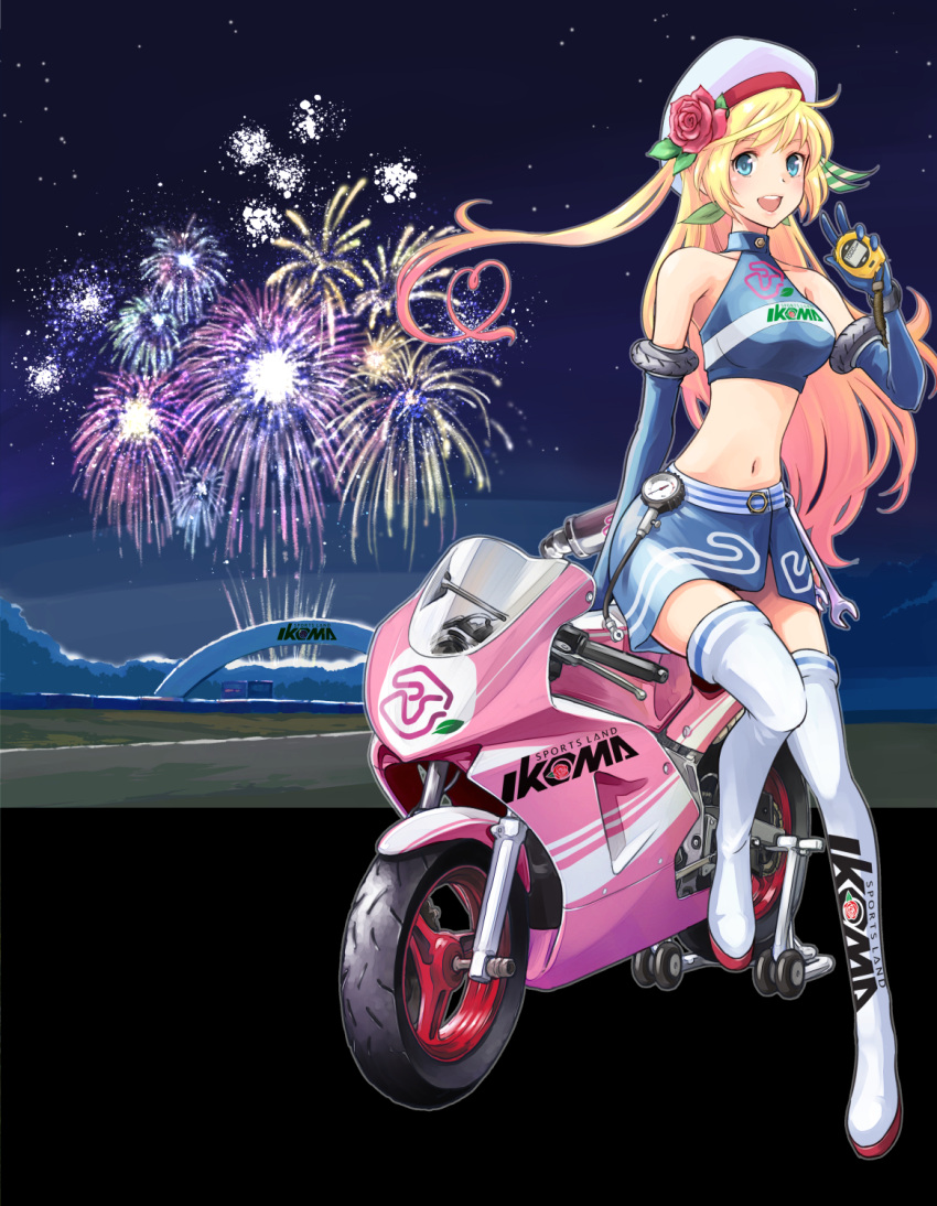 1girl, :d, blonde_hair, blue_eyes, blue_gloves, blue_skirt, boots, breasts, clothes_writing, commentary_request, elbow_gloves, fireworks, flower, full_body, gloves, green_ribbon, ground_vehicle, hair_flower, hair_ornament, hair_ribbon, hat, highres, honda, large_breasts, long_hair, midriff, motor_vehicle, motorcycle, navel, one_side_up, open_mouth, original, racequeen, ribbon, rose, saitou_sakae, shirt, skirt, sleeveless, sleeveless_shirt, smile, solo, stopwatch, thigh-highs, thigh_boots, very_long_hair, watch, white_hat, white_legwear