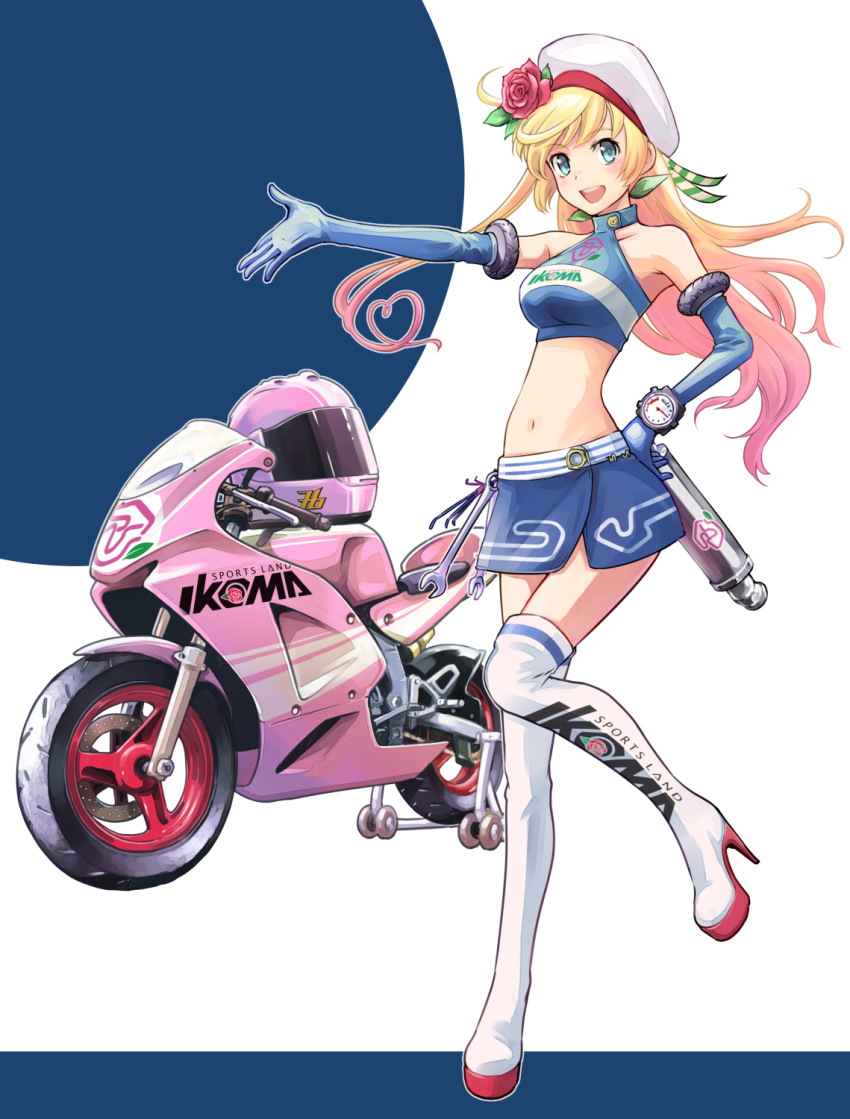 1girl, :d, blonde_hair, blue_eyes, blue_gloves, blue_skirt, boots, breasts