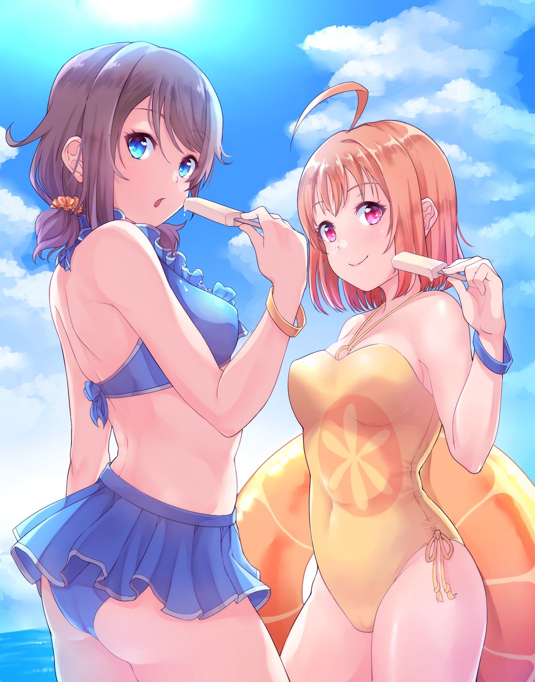 2girls, ahoge, ass, bangs, bikini, bikini_skirt, blue_bikini, blue_eyes