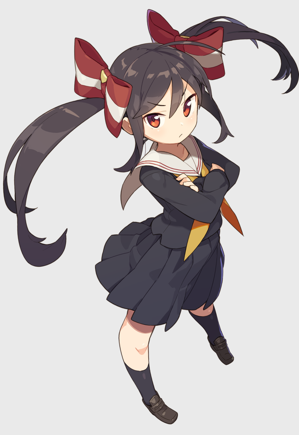 >:/, 1girl, ahoge, black_hair, black_legwear, black_serafuku, black_skirt, bow