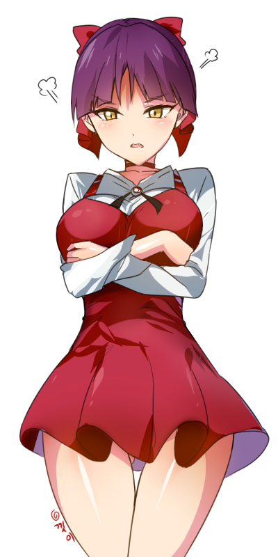 1girl, ass_visible_through_thighs, bangs, bow, breasts, choker, cowboy_shot, crossed_arms, dress, gegege_no_kitarou, hair_bow, hair_bun, kkis-i, long_sleeves, looking_at_viewer, nekomusume, nekomusume_(gegege_no_kitarou_6), open_mouth, pinafore_dress, pointy_ears, purple_hair, red_bow, red_choker, red_dress, shirt, simple_background, skirt, slit_pupils, solo, thigh_gap, white_background, white_shirt, yellow_eyes