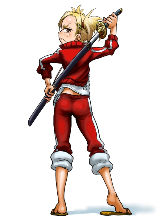 angry, ass, back, barefoot, bleach, blonde_hair, blush, boro