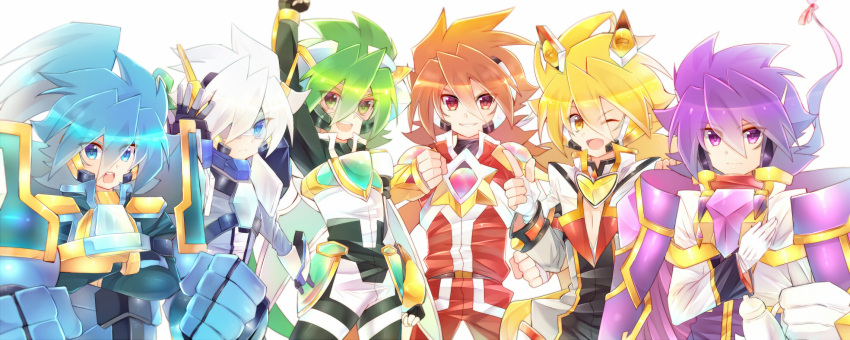 6+boys, arm_up, blonde_hair, blue_eyes, blue_hair, blue_shirt, brown_hair, clenched_hand