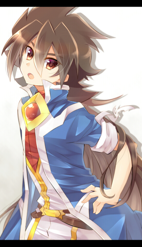 1boy, bandage, blue_coat, brown_eyes, brown_hair, gradient, gradient_background, grey_background