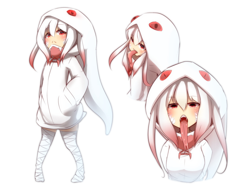 1girl, absurdres, animal_hood, bandage, bandaged_leg, bangs, commentary_request, eyebrows_visible_through_hair, forked_tongue, gradient_hair, hair_between_eyes, hands_in_pockets, highres, hood, hood_up, hoodie, idaten93, long_hair, multicolored_hair, multiple_views, open_mouth, original, personification, red_eyes, redhead, scales, sharp_teeth, sidelocks, simple_background, slit_pupils, snake, snake_hood, snake_tail, standing, tail, teeth, tongue, white_background, white_hair, white_hoodie, white_snake